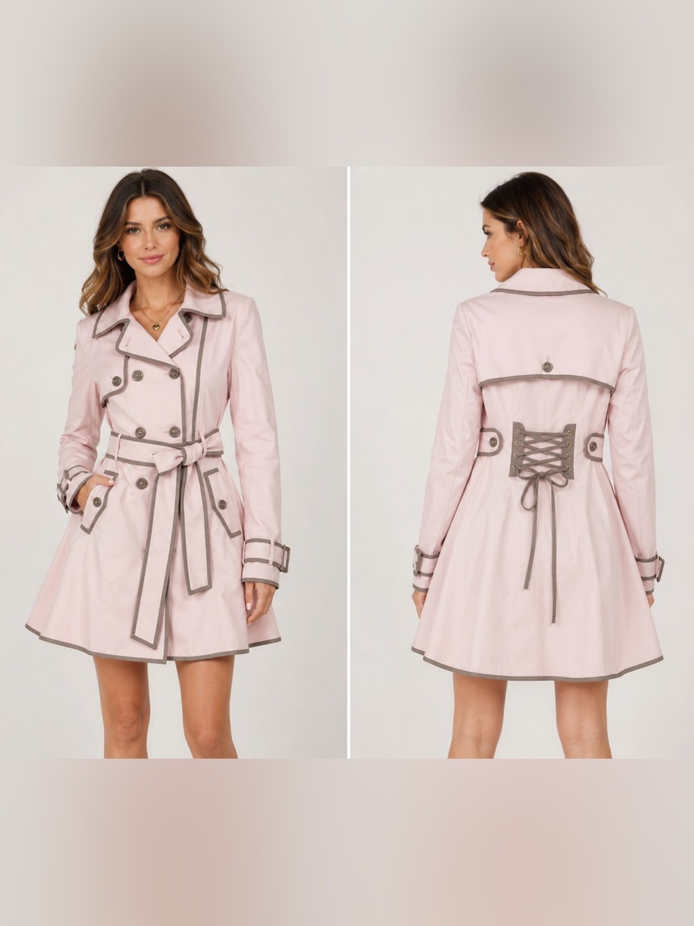 🩷MAKE OFFER🩷 Betsey Johnson Light Pink Trench Coat Gray Trim Corset Back Medium